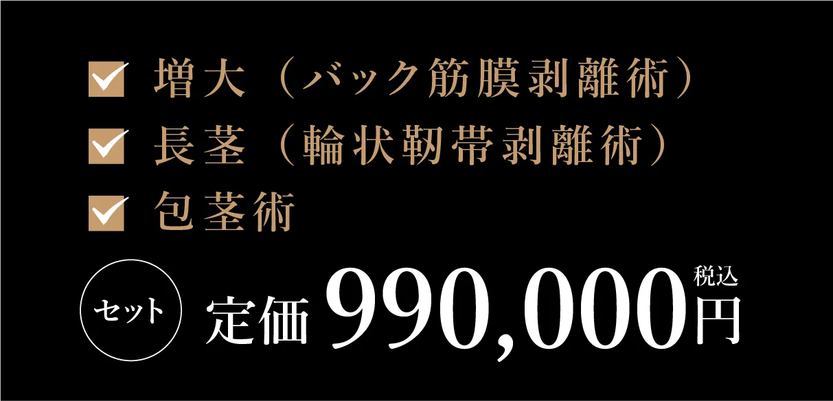 増大（バック筋膜剥離術）／長茎（輪状靭帯剥離術）／包茎術 セット 定価990,000円（税込）